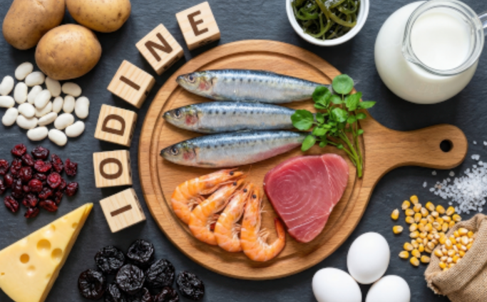 Eine von oben aufgenommene Flat-Lay-Komposition, die eine Vielzahl jodreicher Meeresfrüchte und Zutaten für eine gesunde Ernährung zeigt Eine von oben aufgenommene Flat-Lay-Komposition, die eine Vielzahl jodreicher Meeresfrüchte und Zutaten für eine gesunde Ernährung zeigt